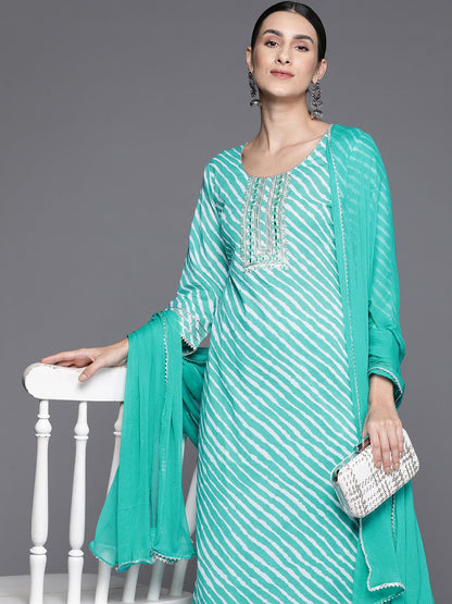 Dhiyona VA Women's Leheriya Striped Regular Gotta Patti Cotton Kurta with Trousers & Dupatta