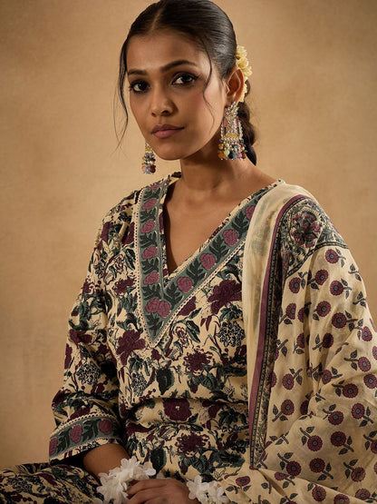 Dhiyona IE Floral Printed V-Neck Pure Cotton Straight Kurta With Trousers & Dupatta
