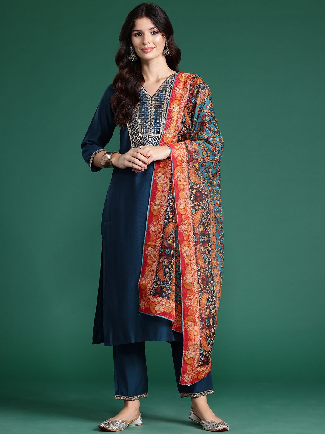 Ethnic Motifs Embroidered Sequinned Liva Kurta With Trousers & Dupatta