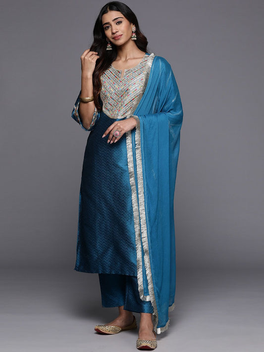 Dhiyona VA Women'sWoven Design Notch Neck Thread Work Straight Kurta With Trousers & Dupatta
