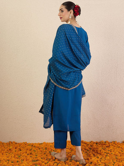 Dhiyona IE Ethnic Motifs Embroidered Regular V-Neck Straight Kurta With Trousers & Dupatta