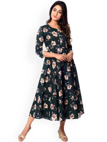 Dhiyona AY Women's Green Printed Fit and Flare Dress