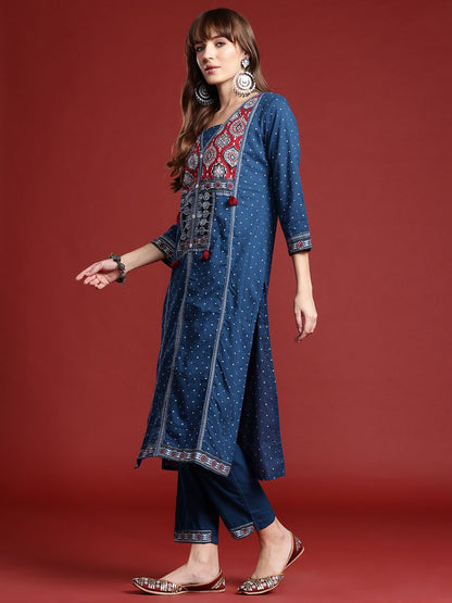 Ethnic Motifs Printed Thread Work Kurta with Trousers & Dupatta