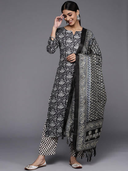 Dhiyona VA Women's Black Floral Printed Kurta with Trousers & Dupatta
