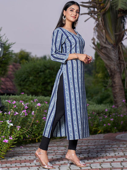 Dhiyona IE Blue Striped V-Neck Pure Cotton Straight Kurta