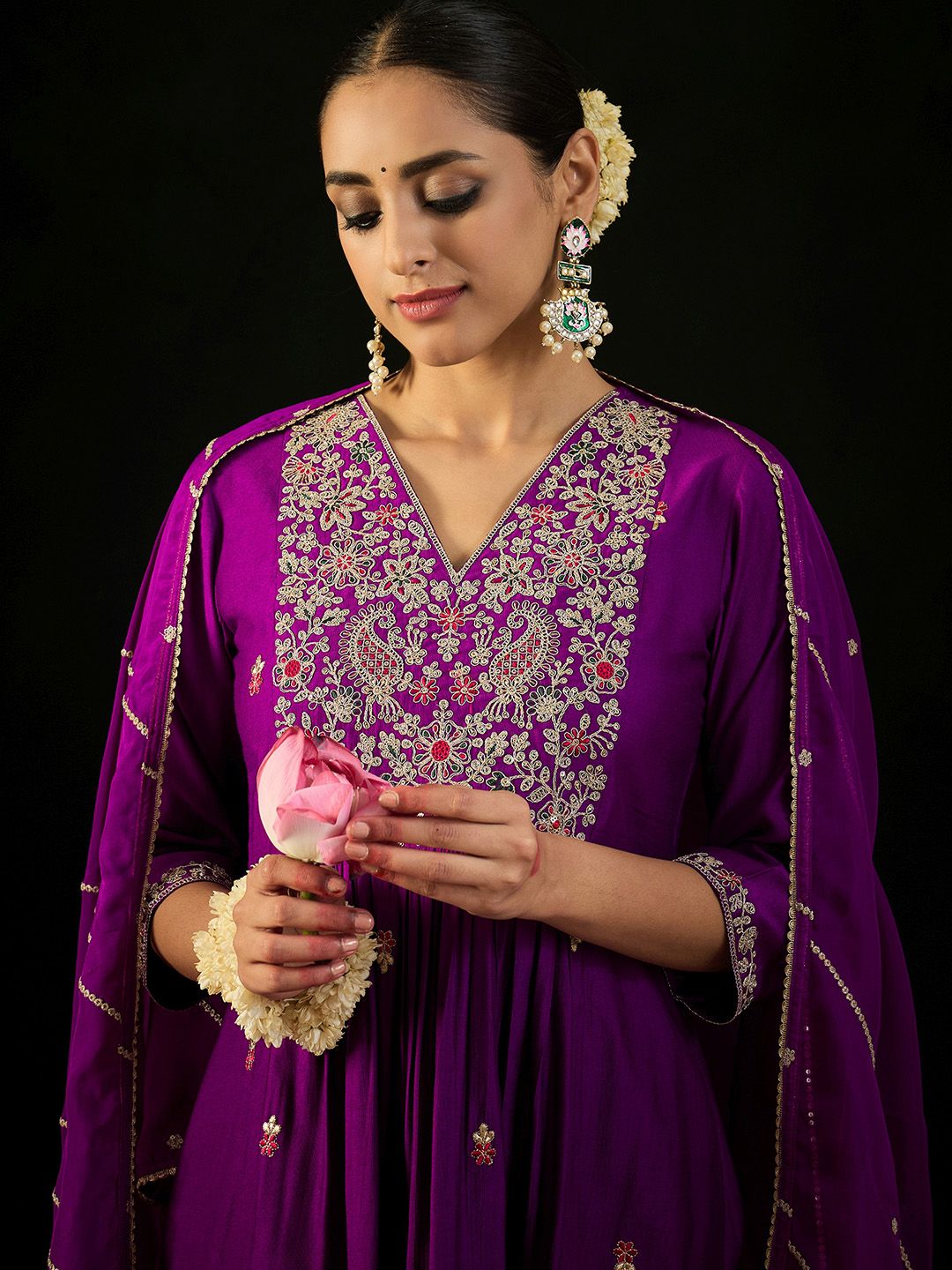 Floral Embroidered Empire Aari Work A-Line Kurta & Trousers With Dupatta