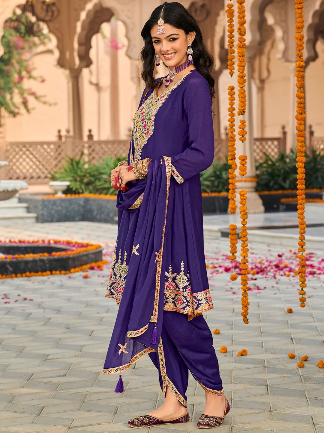 Floral Embroidered Sweetheart Neck Sequinned A-Line Kurta Dhoti Pants & Dupatta