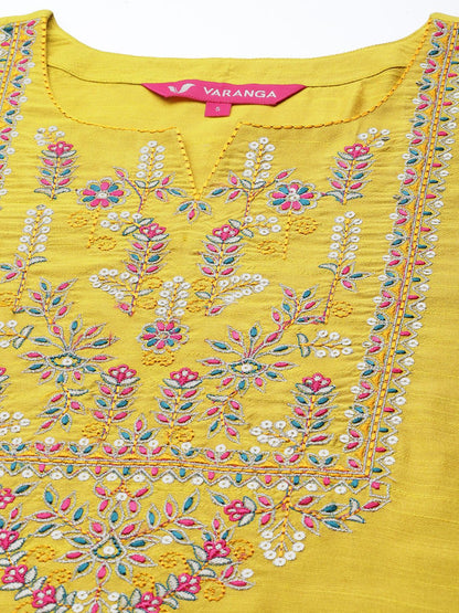 Dhiyona VA Women's Yellow Ethnic Motifs Embroidered Thread Work Kurta with Trousers & With Dupatta