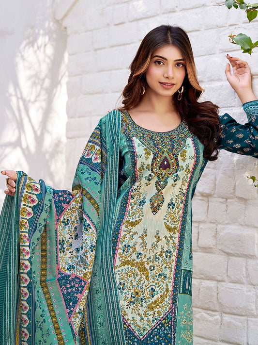 Dhiyona VA Women's Floral Printed Regular Beads and Stones Kurta with Trousers & With Dupatta