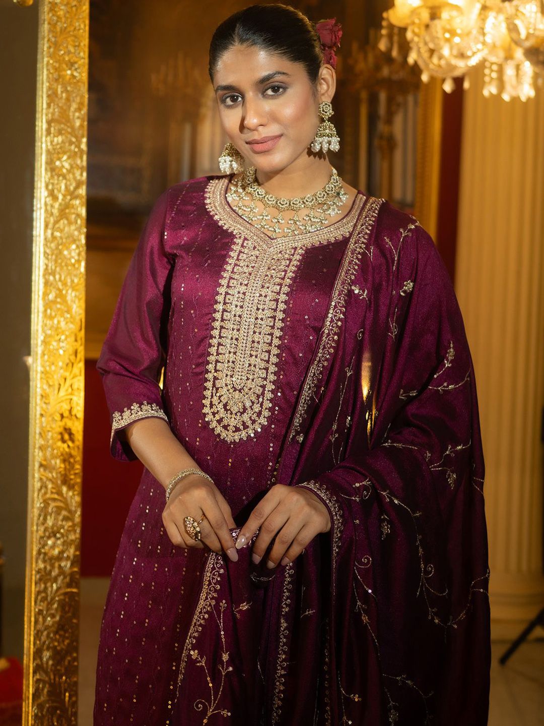 Women Ethnic Motifs Embroidered Regular Sequinned Kurta with Trousers & With Dupatta