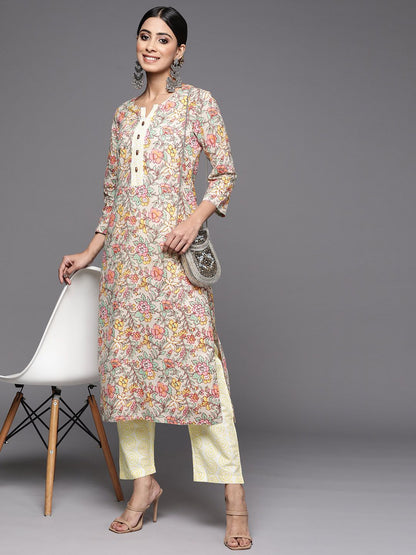 Dhiyona VA Women's Beige Floral Printed Beads and Stones Pure Cotton Kurta with Trousers