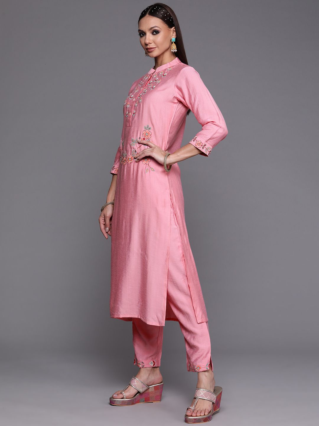 Women Pink Ethnic Motifs Embroidered Kurta with Trousers & With Dupatta