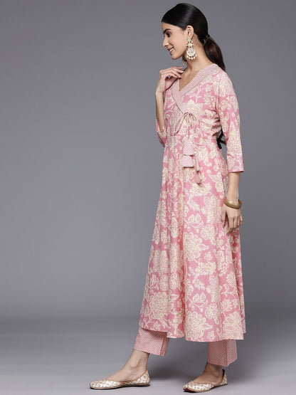 Dhiyona VA Women'sFloral Printed Angrakha Gotta Patti Pure Cotton Kurta With Trousers