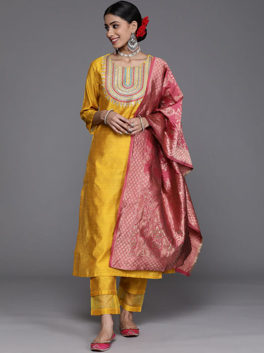 Dhiyona VA Women's Mustard Yellow & Pink Yoke Design Kurta with Trousers & Dupatta