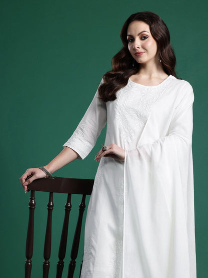 Dhiyona IE Women Floral Embroidered Regular Thread Work Pure Cotton Kurta with Trousers & With Dupatta