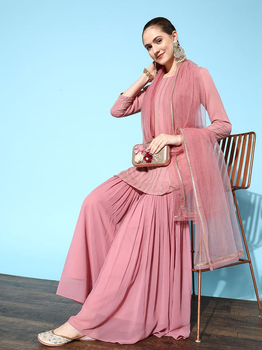 Dhiyona IN Women Pink Embroidered Kurti with Sharara & With Dupatta