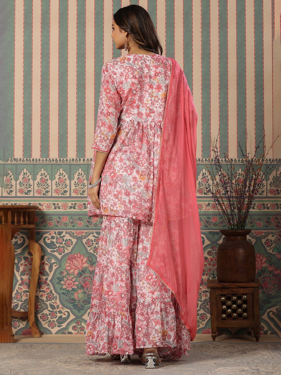 Dhiyona IS Women's Floral Printed V-Neck Gotta Patti Pure Cotton Kurta with Sharara & With Dupatta