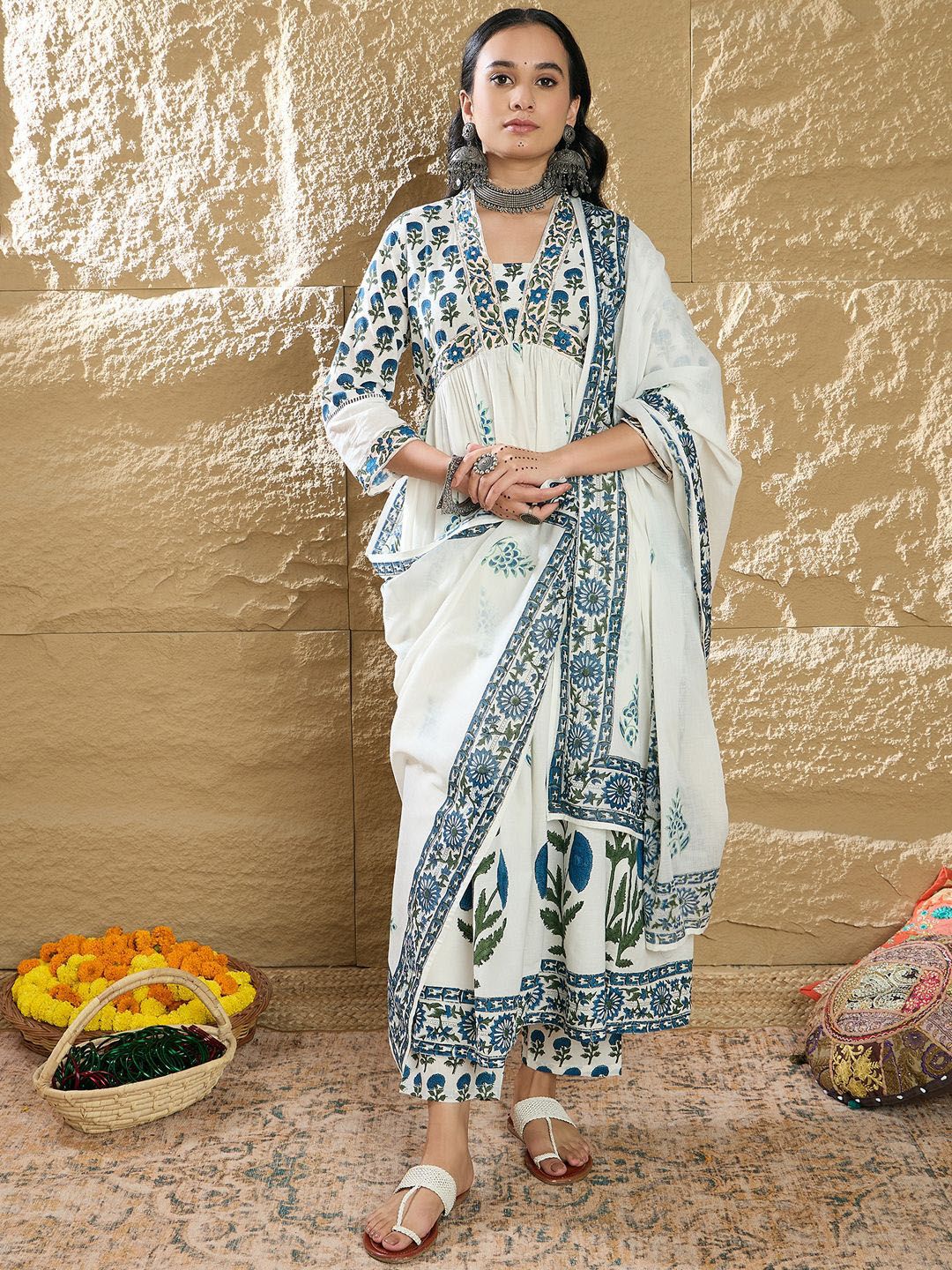 Women Printed Empire Pure Cotton Kurta with Trousers & With Dupatta