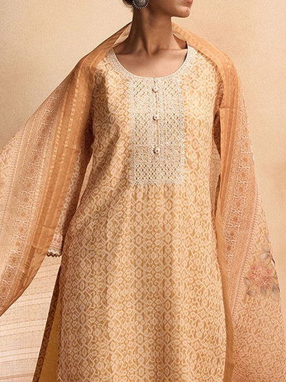 Dhiyona IE Printed Round Neck Thread Work Linen Straight Kurta With Trousers & With Dupatta