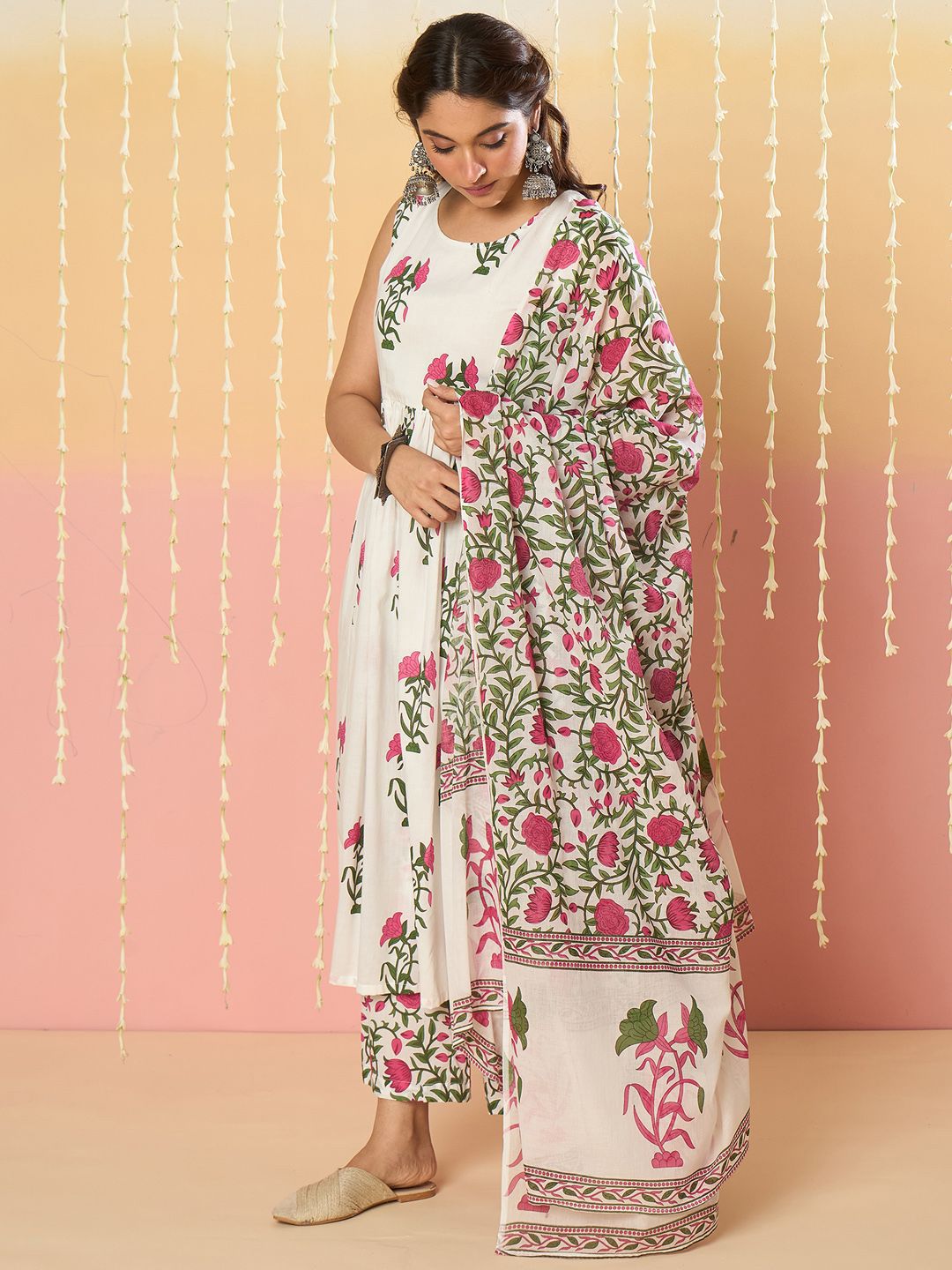Floral Printed Anarkali Pure Cotton Kurta With Palazzos & Dupatta
