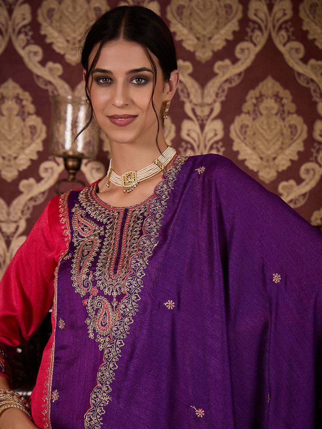 Dhiyona CH Ethnic Motifs Embroidered Thread Work Kurta With Palazzos & Dupatta