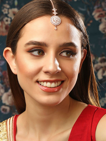 Dhiyona RJ Women's Rose Gold-Plated White AD-Studded Round Shaped Maangtikka