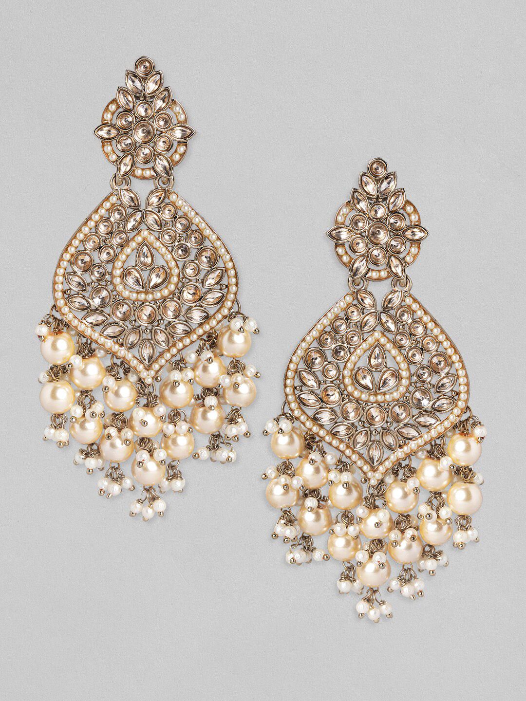 Dhiyona RJ Women's 18K Gold-Plated Kundan & Glosssy Off-White Pearl Beaded Chandelier Earrings