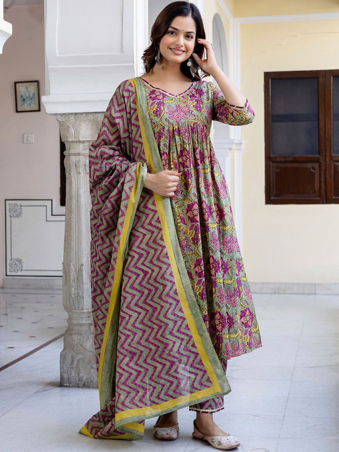 Floral Printed Empire Pure Cotton A-Line Kurta With Trousers & Dupatta