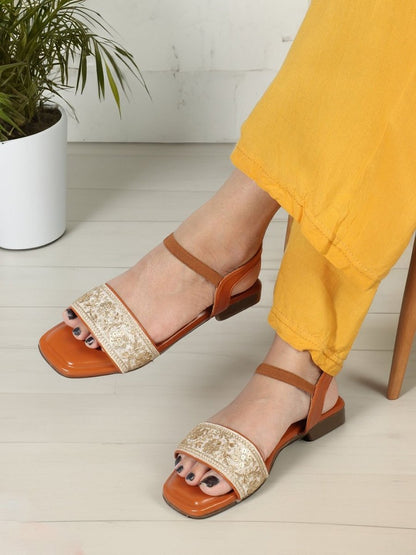 Dhiyona AK Tan Brown & Gold-Toned Embroidered Open Toe Flats