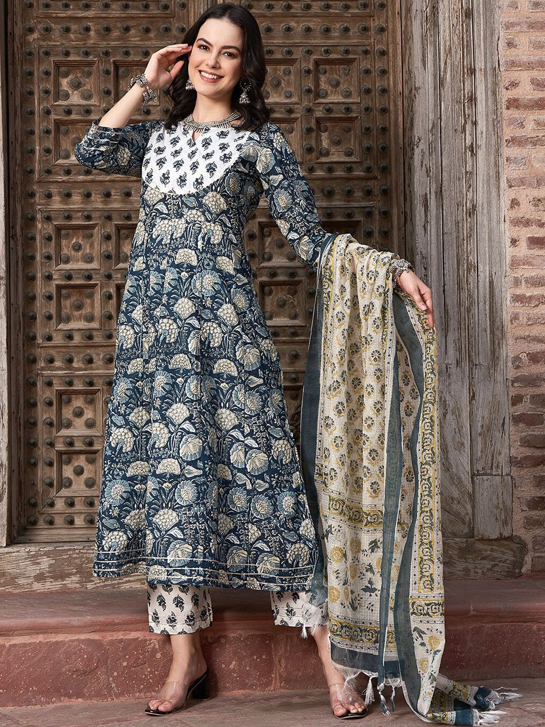 Dhiyona SN Women's Navy Blue Floral Printed Pure Cotton Anarkali Kurta With Trouser & Dupatta