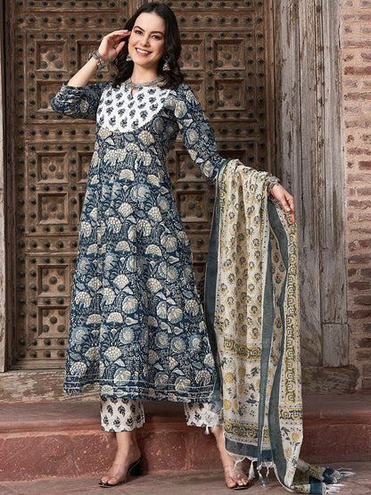 Dhiyona SN Women's Navy Blue Floral Printed Pure Cotton Anarkali Kurta With Trouser & Dupatta