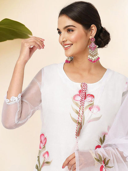 Dhiyona IS Women's Floral Printed Tie Up Neck Straight Kurta With Trousers & Dupatta