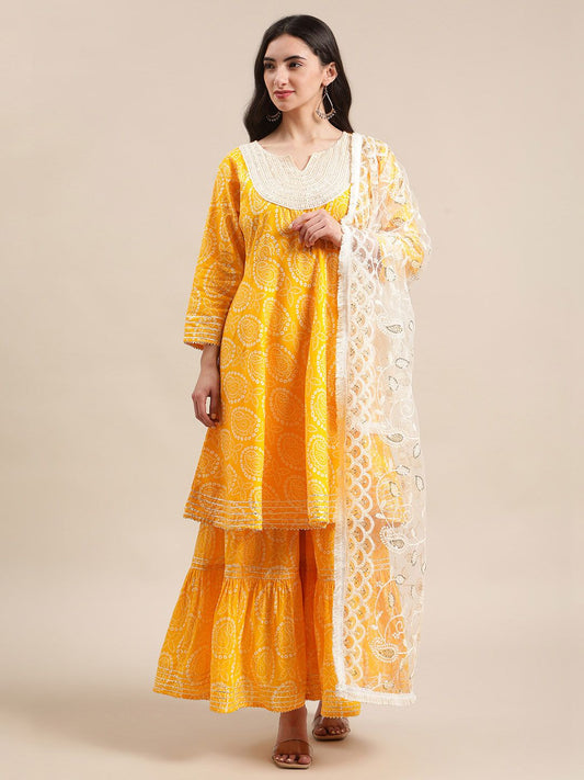 Dhiyona VA Women's Mustard And White Bandhej Printed Flared Kurti With Sharara With Dupatta.