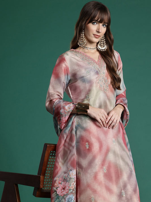 Dhiyona IE Floral Embroidered Sequinned Kurta with Trousers & With Dupatta