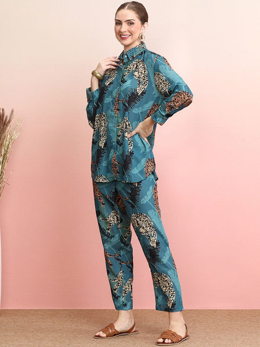 Dhiyona IE Printed Collar Shirt With Trousers Co-Ords