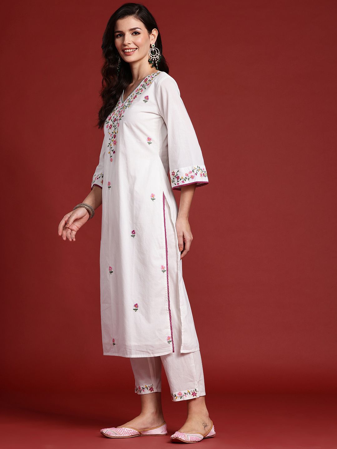 Dhiyona IE Floral Embroidered Sequinned Pure Cotton Kurta With Trousers & Dupatta