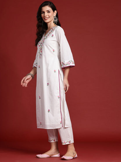 Dhiyona IE Floral Embroidered Sequinned Pure Cotton Kurta With Trousers & Dupatta
