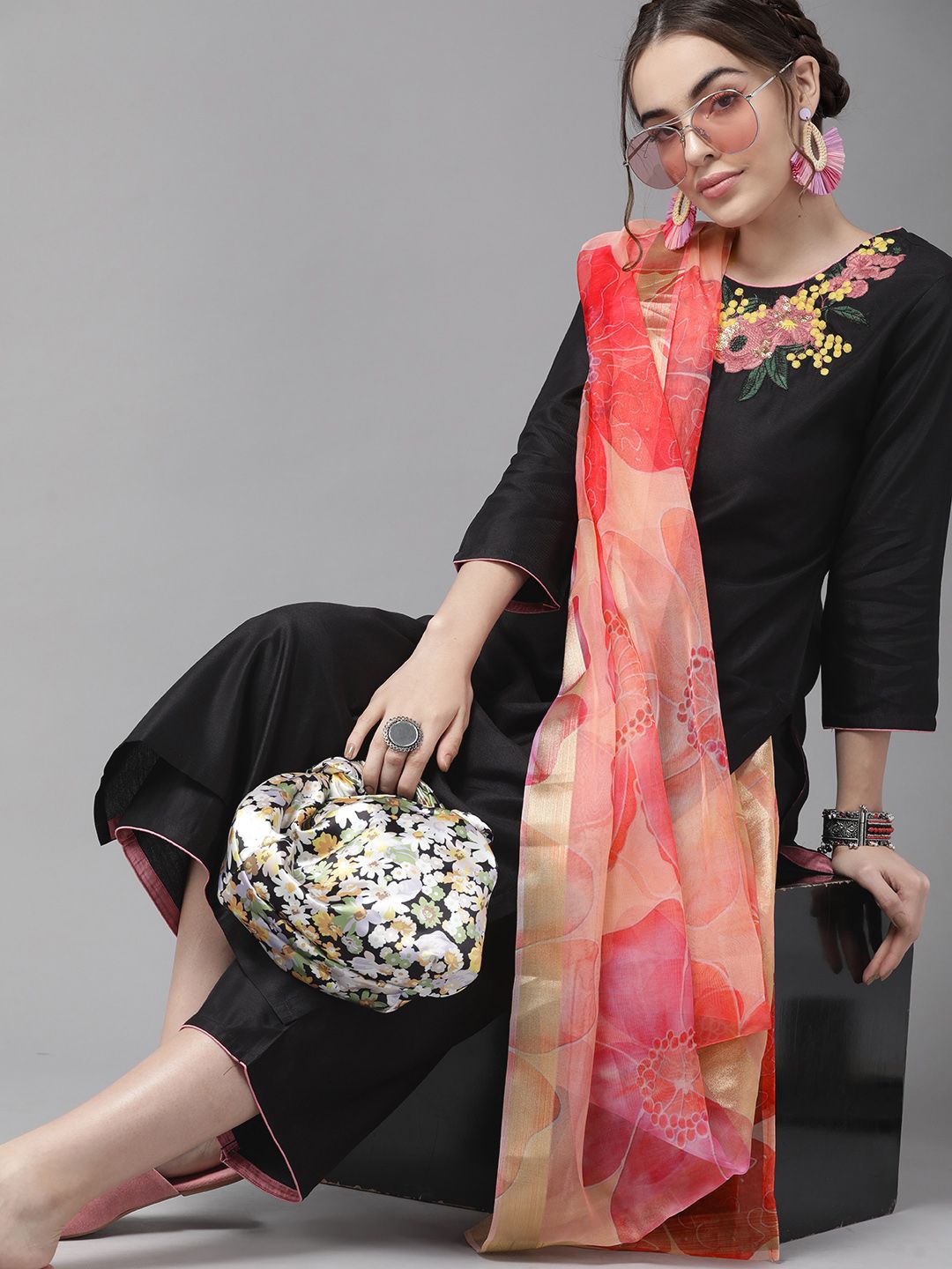 Classic Black And Peach Embroidered Kurta Set