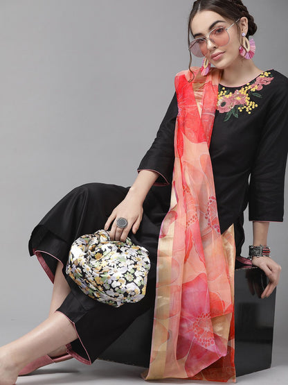 Classic Black And Peach Embroidered Kurta Set