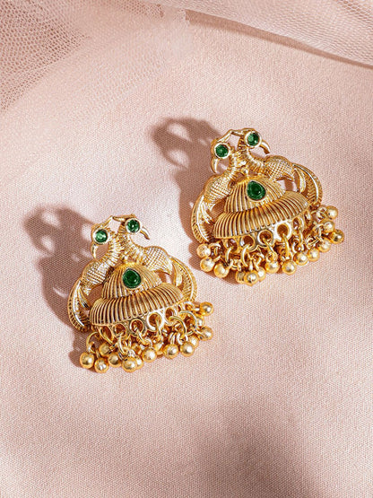 Dhiyona RJ Women's 22K Gold-Plated Green Stone & Gold Beaded Peacock Design Traditional Necklace Set