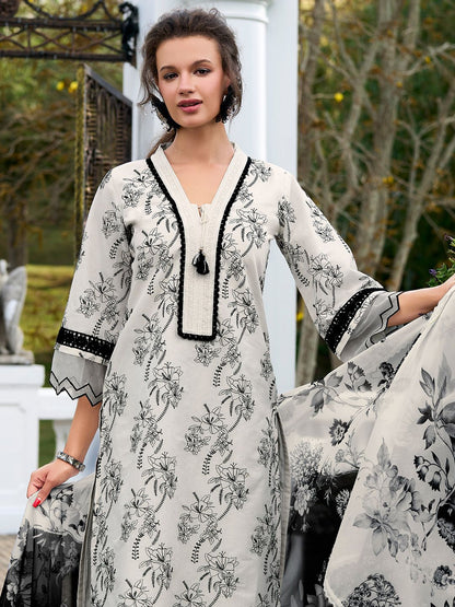 Floral Embroidered Regular Thread Work Pure Cotton Kurta & Trousers With Dupatta