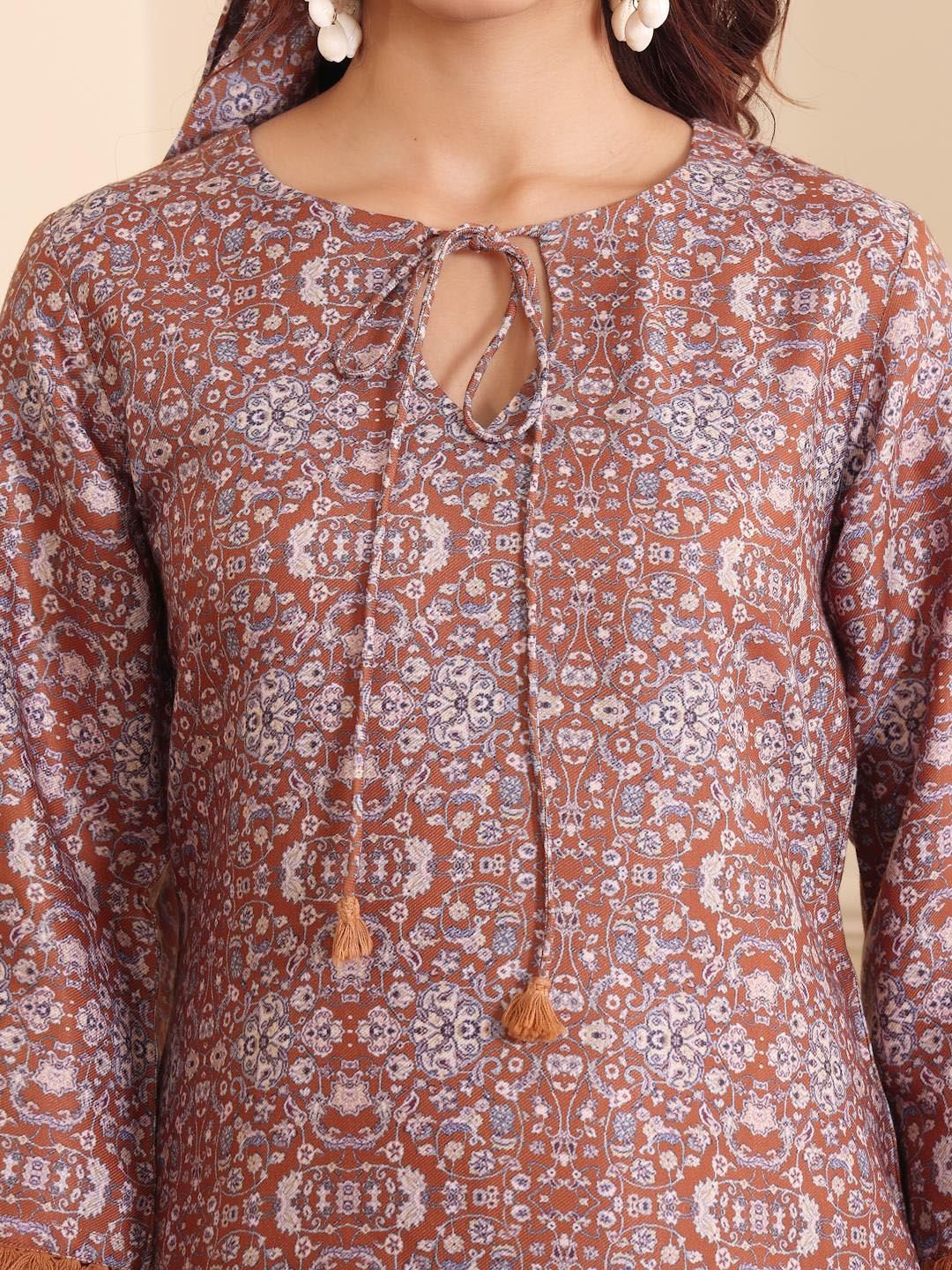 Dhiyona VA Women'sBrown Floral Printed Tie Up Neck High Low Kurta With Trousers