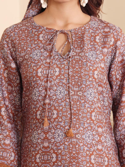 Dhiyona VA Women'sBrown Floral Printed Tie Up Neck High Low Kurta With Trousers