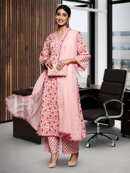 Dhiyona VA Women'sJaipuri Floral Cotton Flared Sleeve Lace Detailed Kurta with Trouser & Dupatta