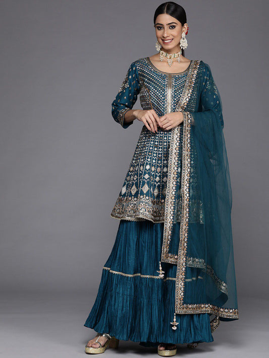 Dhiyona LL Teal & Gold-Toned Embroidered Sequinned Pure Silk Kurta with Sharara & Dupatta