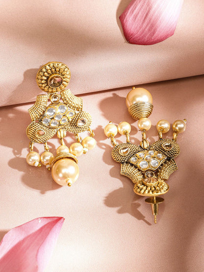 Dhiyona RJ Women's 22K Gold Plated White Kundan & Pearl Studded & Beaded Multi-Strand Necklace Set