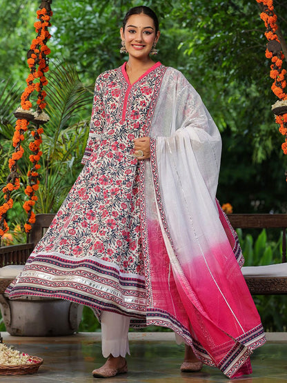 Dhiyona RR Women's Floral Printed Gotta Patti Pure Cotton Kurta With Trousers & Dupatta
