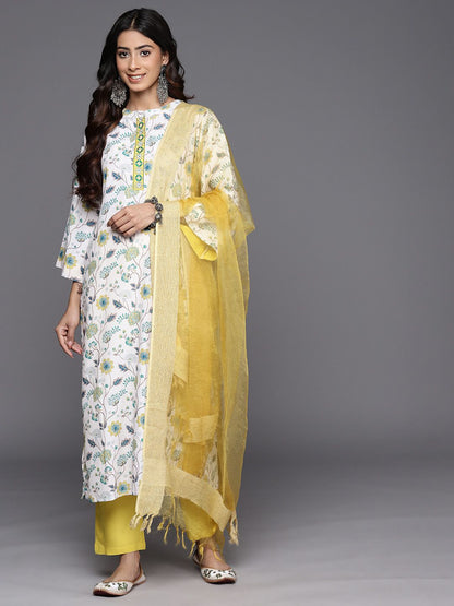 Dhiyona VA Women'sFloral Printed Regular Thread Work Kurta With Trousers & Dupatta