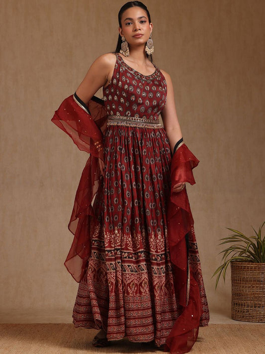 Dhiyona SO Women's Floral Printed Mirror Work Chinon Anarkali Kurta With Churidar & Dupatta