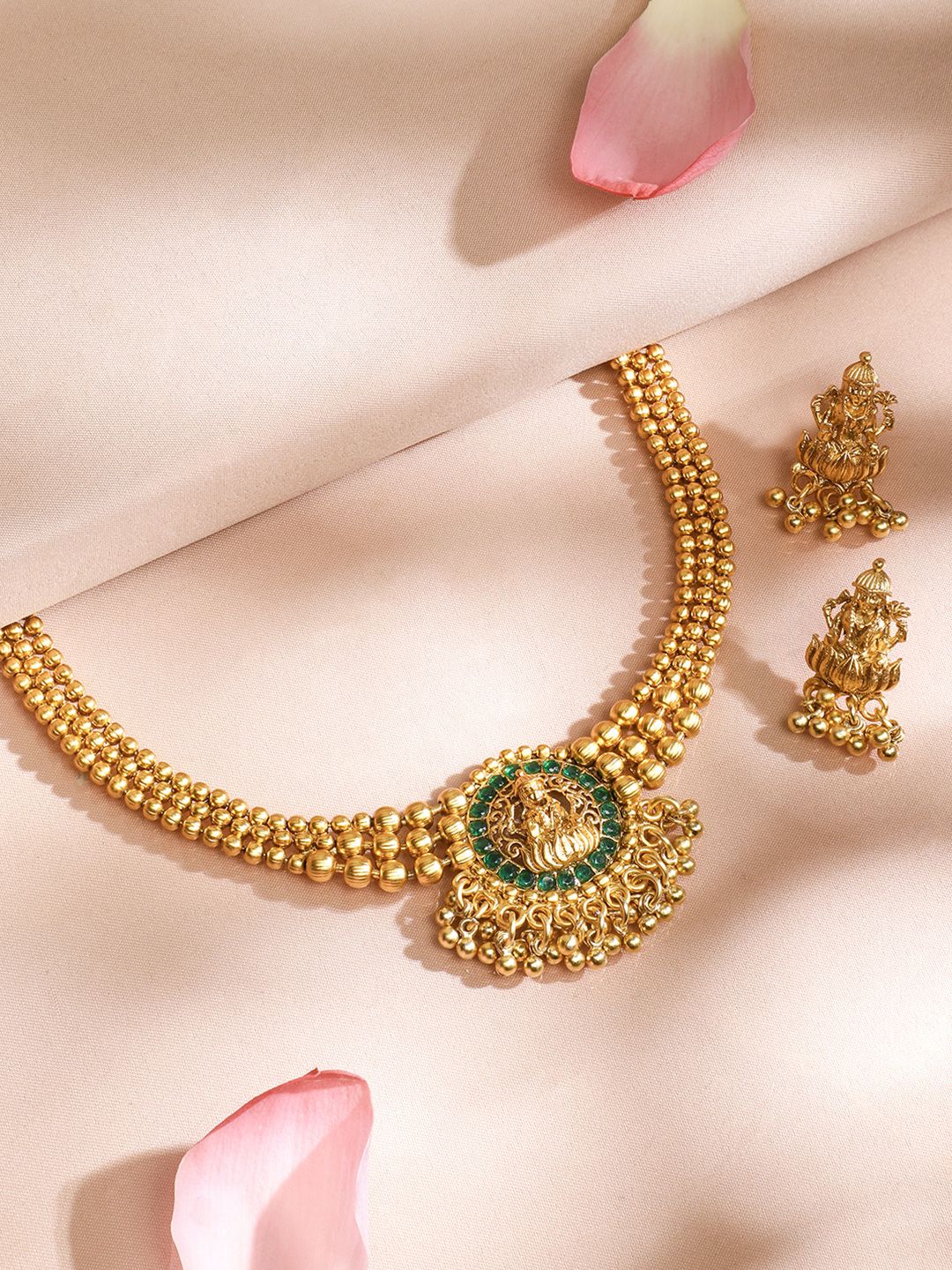 Dhiyona RJ Women's 22K Gold Plated Emerald Studed Gold Beaded Goddess Laxmi Motif Temple Jewellery Set